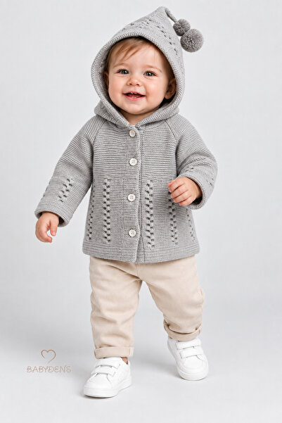 BABYDEN'S Hooded Pompom Knitted Baby Cardigan Buttoned Patterned Knitwear Jac...