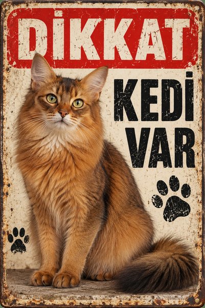 Lucena Somali Cat Caution Cat Is Present Retro Metal Wall Sign 30X40Cm