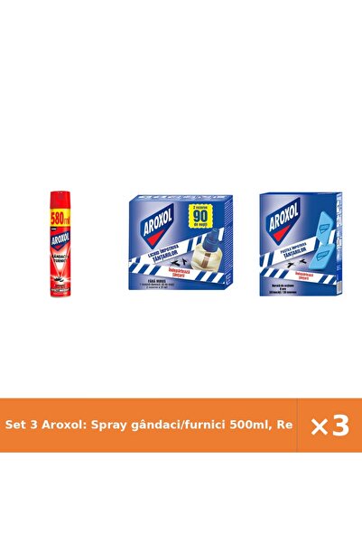 Aroxol Set 3 Aroxol: Spray gândaci/furnici 500ml, Rezervă țânțari 2x45ml, Pas...