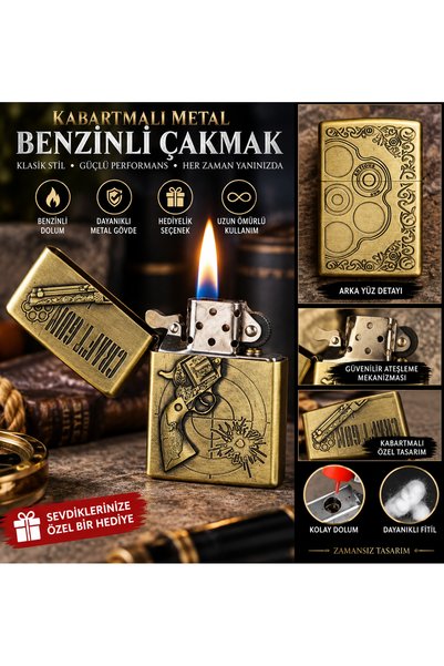 Genel Markalar Kabartmalı Metal Benzinli Çakmak Klasik Kapaklı Şık Tasarım