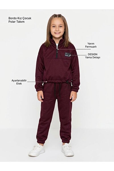 aryam butik Kız Çocuk Bordo Polar İkili Takım Fermuarlı Eşofman Alt Üst Set