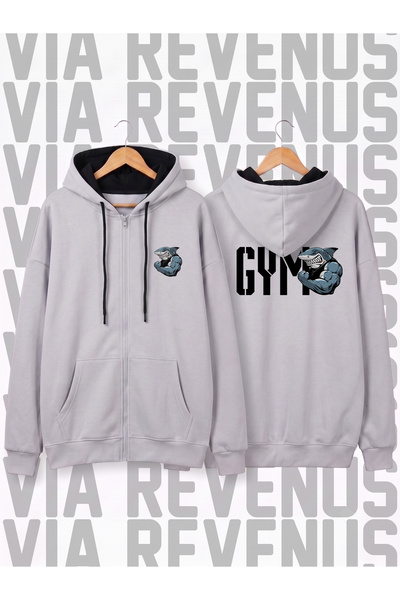 Vordevia Gym Muscle Shark Printed Unisex Zippered Hooded Sweatshirt Cardigan