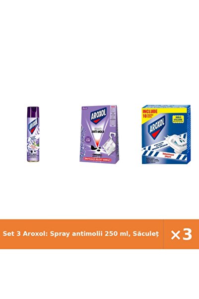 Aroxol Set 3 Aroxol: Spray antimolii 250 ml, Săculeți Lavandă 4 buc, Aparat e...