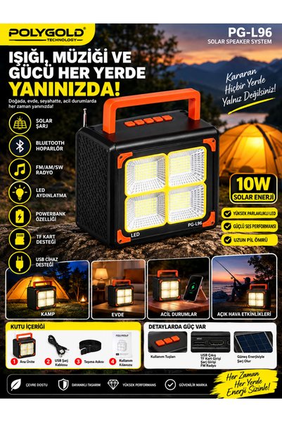 VEROXA PG-L96 Solar Enerjili Bluetooth Hoparlör LED Kamp Lambası Fm Radyo Powerbank 10W