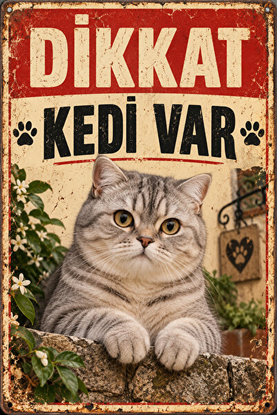 Lucena Scottish Straight Dikkat Kedi Var Retro Metal Duvar Tabelası Dekoratif...
