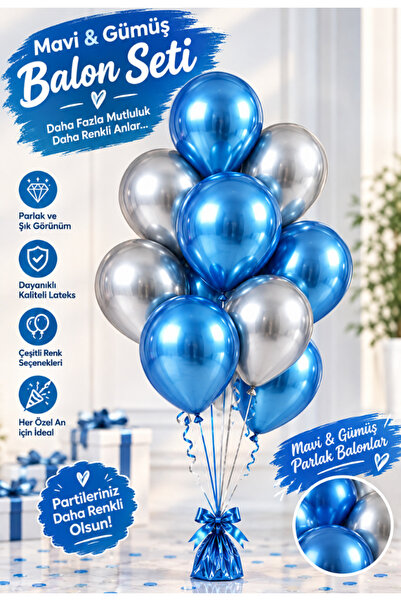 mucit home 10 Adet Mavi Gümüş Balon Seti – 12 inç | Parlak ve Göz Alıcı Parti Balonları