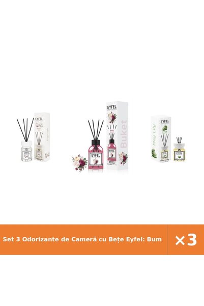 Eyfel Set 3 Odorizante de Cameră cu Bețe Eyfel: Bumbac, Bouquet, Lăcrămioare,...