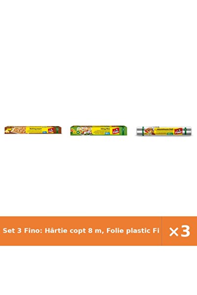 Fino Set 3 Fino: Hârtie copt 8 m, Folie plastic Film 30 m, Folie alimentară a...