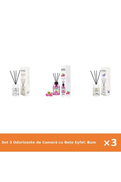 Eyfel Set 3 Odorizante de Cameră cu Bețe Eyfel: Bumbac, Trandafir, Orhidee, 1...