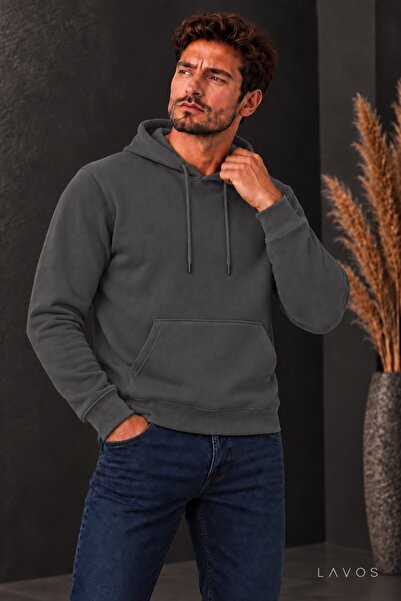 LAVOS Erkek Füme 3 İplik Kapüşonlu Kanguru Cepli Sweatshirt Yumuşak Dokulu İç...