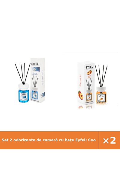 Eyfel Set 2 odorizante de cameră cu bețe Eyfel: Cool Water + Piersică, 120 ml