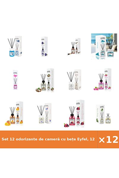 Eyfel Set 12 odorizante de cameră cu bețe Eyfel, 120 ml, Cool Water, Zambile,...