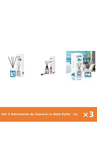 Eyfel Set 3 Odorizante de Cameră cu Bețe – Cool Water, Vanilie, Ocean, 120 ml