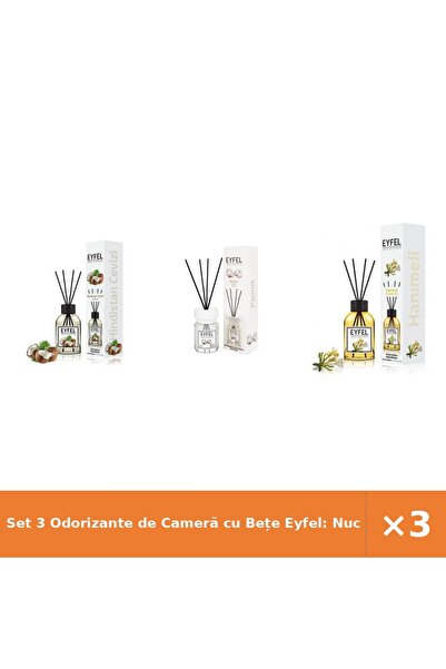 Eyfel Set 3 Odorizante de Cameră cu Bețe Eyfel: Nucă de Cocos, Bumbac, Mâna M...