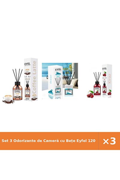 Eyfel Set 3 Odorizante de Cameră cu Bețe 120 ml – Cafea, Ocean, Cireșe