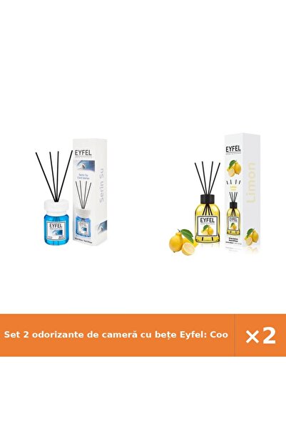 Eyfel Set 2 odorizante de cameră cu bețe Eyfel: Cool Water + Lămâie, 120 ml