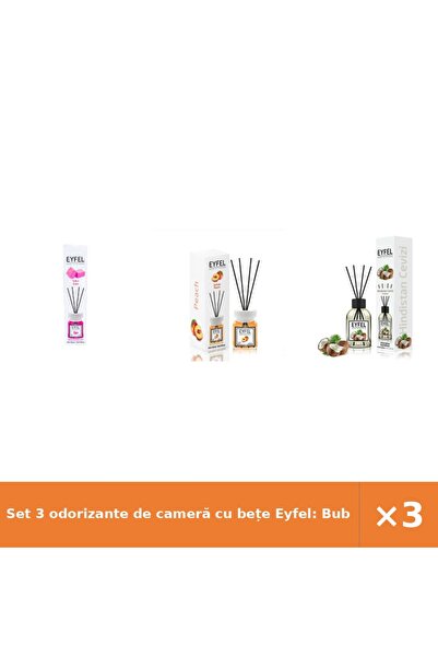 Eyfel Set 3 odorizante de cameră cu bețe Eyfel: Bubble Gum, Piersică, Nucă de...