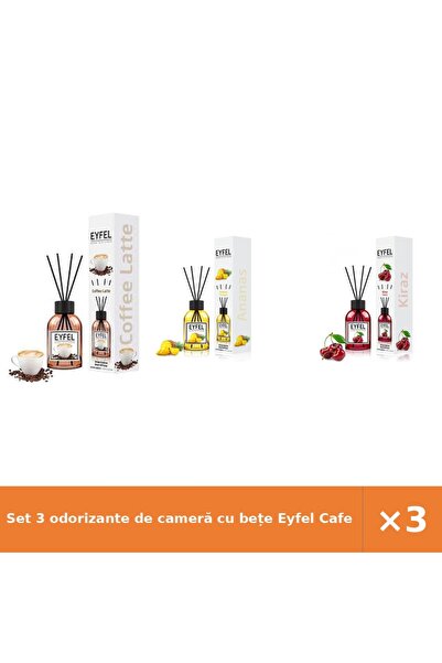 Eyfel Set 3 odorizante de cameră cu bețe Cafea, Ananas, Cireșe, 3x120 ml