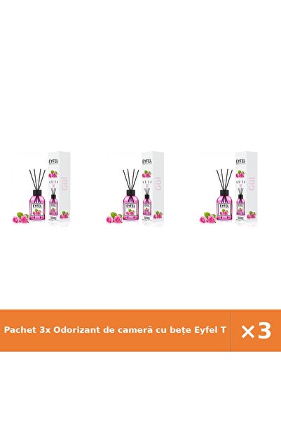 Eyfel Pachet 3x Odorizant de cameră cu bețe Trandafir, 120 ml