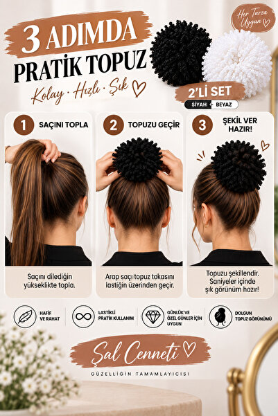 Şalcenneti.com Black and White Arabic Hair Bun Clip Set of 2 with Drawstring and Elastic for Full Volume Women's Hair Clip