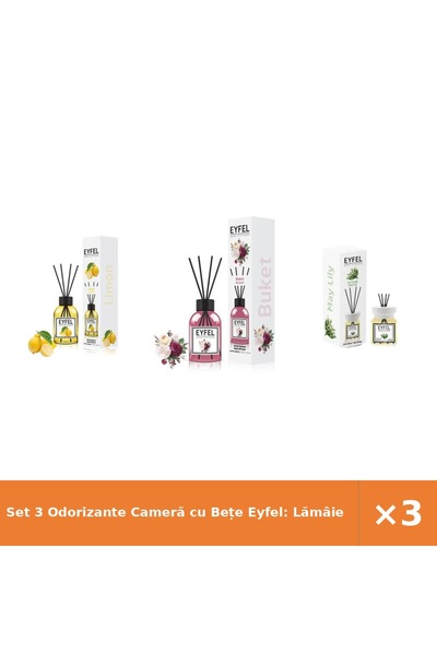 Eyfel Set 3 Odorizante Cameră cu Bețe Eyfel: Lămâie, Bouquet, Lăcrămioare 120ml