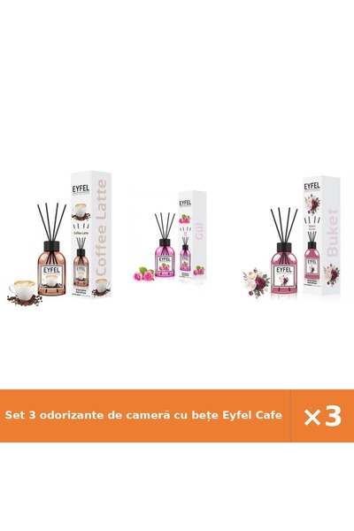 Eyfel Set 3 odorizante de cameră cu bețe Cafea, Trandafir, Bouquet, 3x120 ml