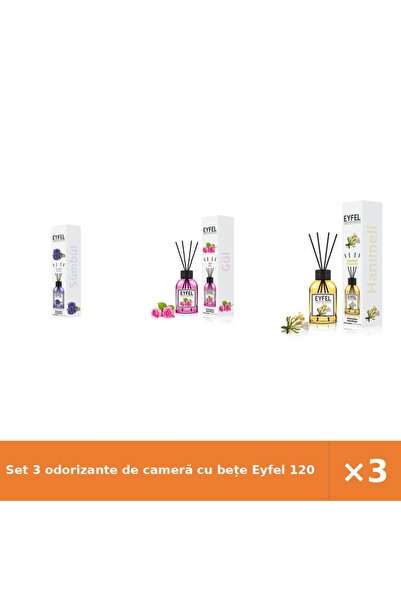 Eyfel Set 3 odorizante de cameră cu bețe 120 ml: Zambile, Trandafir, Mâna Mai...
