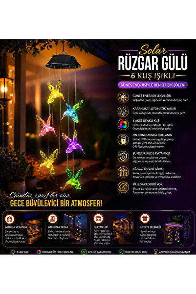 Petrix Solar Rüzgar Gülü 6 LED Renkli Işıklı Güneş Enerjili Bahçe Balkon Duva...