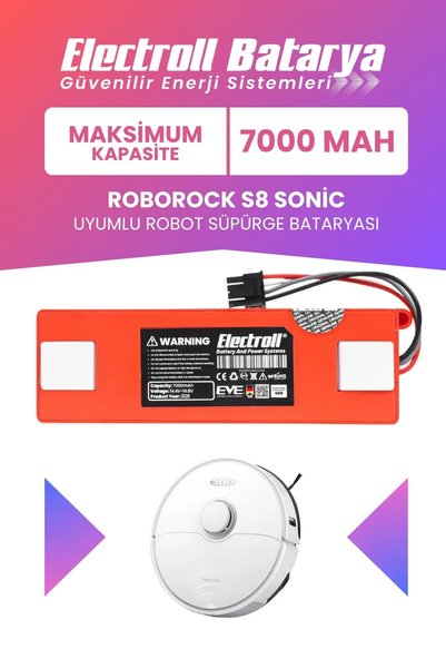 ELECTROLL Roborock S8 Sonic Batarya (MAKSİMUM KAPASİTE) 7000mah Pil Robot Süp...