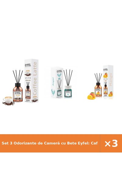 Eyfel Set 3 Odorizante de Cameră cu Bete Eyfel: Cafea, Angel, Mango, 3x120 ml