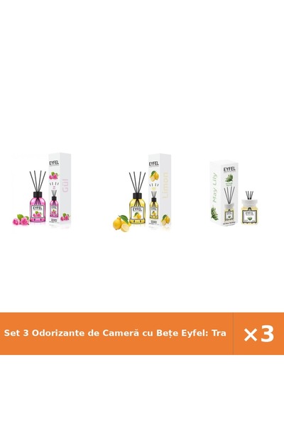 Eyfel Set 3 Odorizante de Cameră cu Bețe Eyfel: Trandafir, Lămâie, Lăcrămioar...