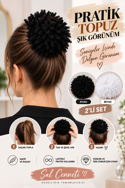 Şalcenneti.com Black and White Arabic Hair Bun Clip Set of 2 with Drawstring and Elastic for Full Volume Women's Hair Clip