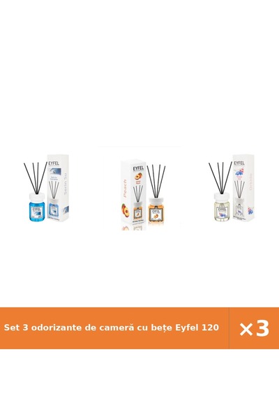 Eyfel Set 3 odorizante de cameră cu bețe 120 ml: Cool Water, Piersică, Orhidee