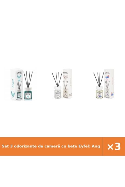 Eyfel Set 3 odorizante de cameră cu bețe Eyfel: Angel, Bumbac, Orhidee, 3x120 ml