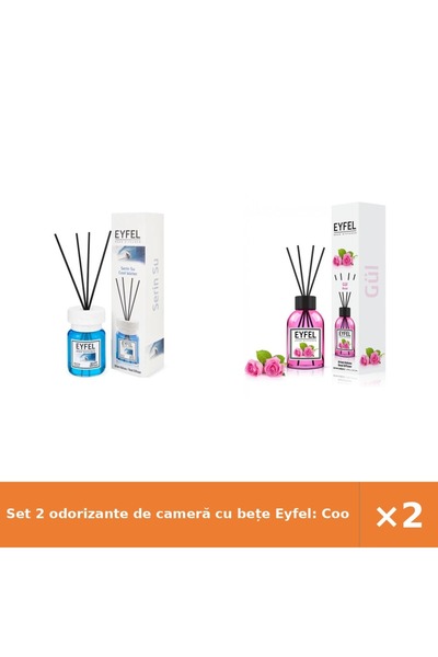 Eyfel Set 2 odorizante de cameră cu bețe Eyfel: Cool Water + Trandafir, 120 ml