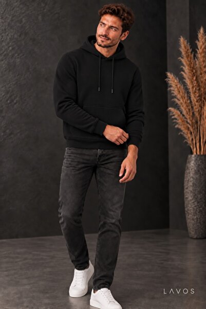 LAVOS Erkek Siyah 3 İplik Kapüşonlu Kanguru Cepli Sweatshirt Yumuşak Dokulu İ...