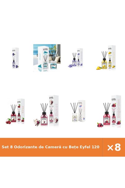 Eyfel Set 8 Odorizante de Cameră cu Bețe 120 ml - Zambile, Ocean, Lavandă, An...