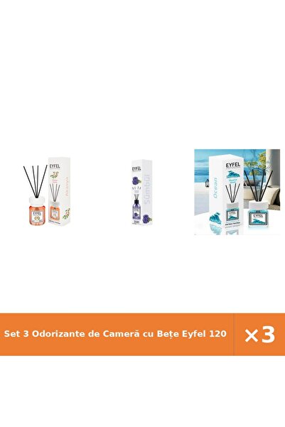 Eyfel Set 3 Odorizante de Cameră cu Bețe 120 ml - Acacia, Zambile, Ocean