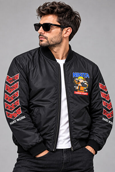Erkek Siyah Bomber Mont Anime Baskılı Kapitone Astarlı Fermuarlı Kolej Ceket