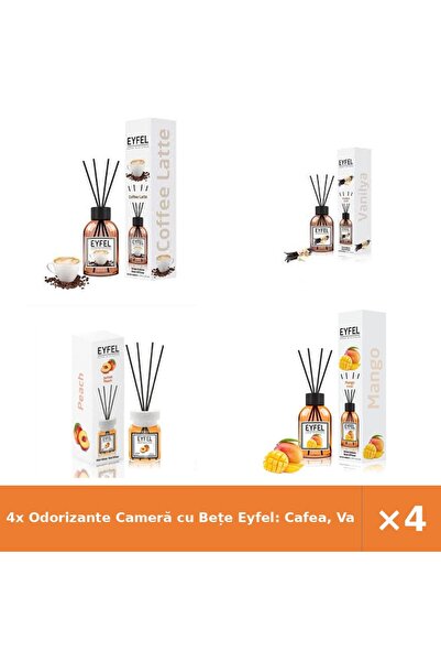 Eyfel 4x Odorizante Cameră cu Bețe Eyfel: Cafea, Vanilie, Piersică, Mango 120ml