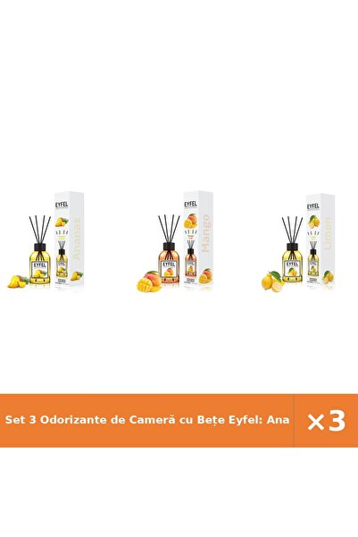 Eyfel Set 3 Odorizante de Cameră cu Bețe Eyfel: Ananas, Mango, Lămâie, 120 ml