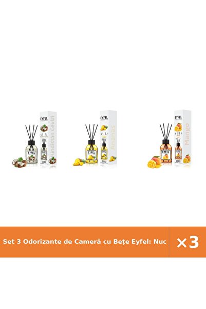 Eyfel Set 3 Odorizante de Cameră cu Bețe Eyfel: Nucă de Cocos, Ananas, Mango,...
