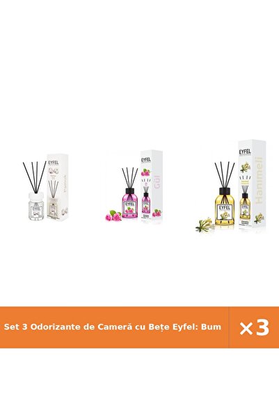 Eyfel Set 3 Odorizante de Cameră cu Bețe Eyfel: Bumbac, Trandafir, Măna Maici...