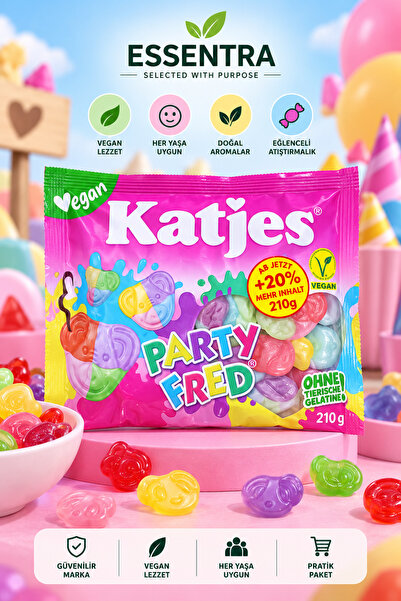 Essentra Home Katjes Party Fred Vegan Fruchtgummi jelibon, meyveli jelibon,karışık yumuşak şeker