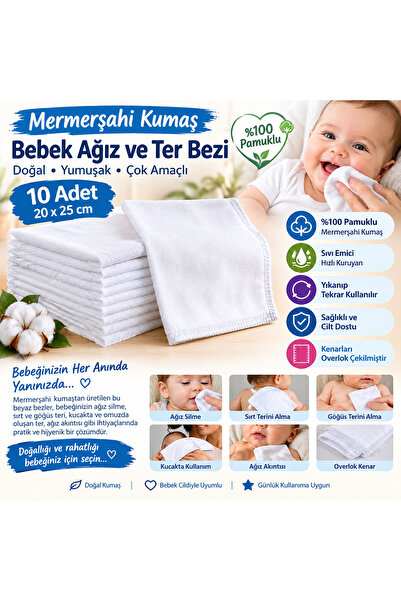 Öztürk 10 Adet 20x25 cm Beyaz Mermerşahi Bebek Ağız Silme ve Ter Bezi %100 Pa...