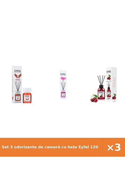 Eyfel Set 3 odorizante de cameră cu bețe 120 ml: Red Dragon, Bubble Gum, Cireșe