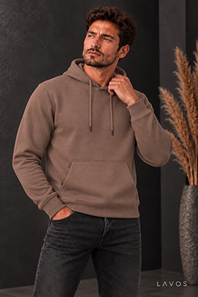 LAVOS Erkek Kahverengi 3 İplik Kapüşonlu Kanguru Cepli Sweatshirt Yumuşak Dok...