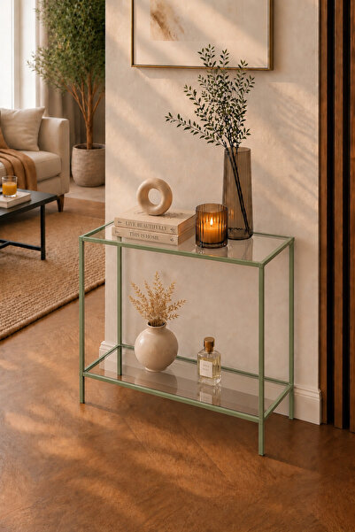 Trendmiz kehribar Adaçayı Yeşili Cam Dresuar 85x70x33 cm – Metal Çerçeveli Şe...