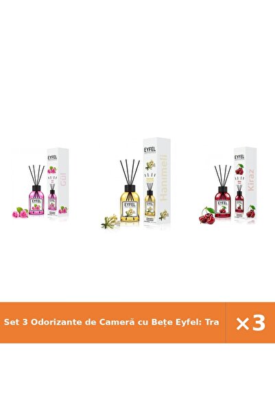Eyfel Set 3 Odorizante de Cameră cu Bețe Eyfel: Trandafir, Mâna Maicii Domnul...