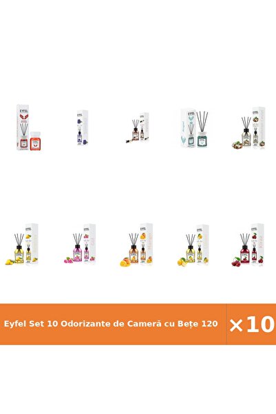 Eyfel Set 10 Odorizante de Cameră cu Bețe 120 ml - Vanilie, Ananas, Trandafir
